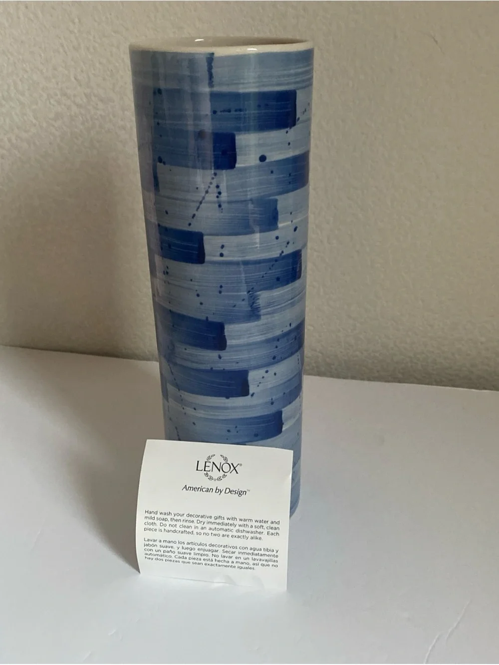Lenox Blue Indigo Cylinder Vase 10” Painted Striped